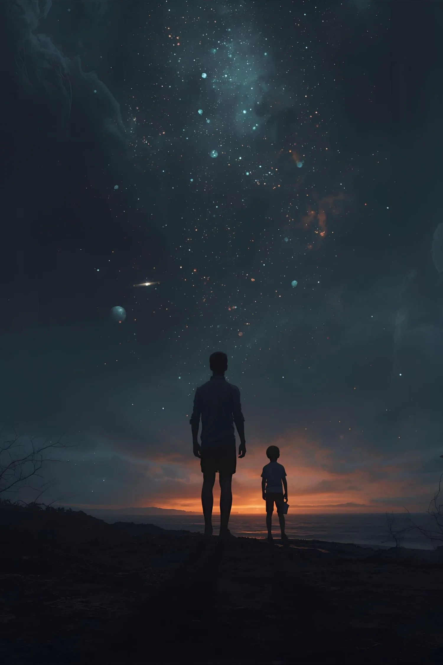 AI Playground — contemplation, father and child before the cosmos